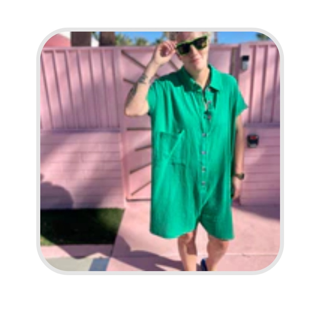 Red Sky Shop Green Square Button-Up Jumpsuit